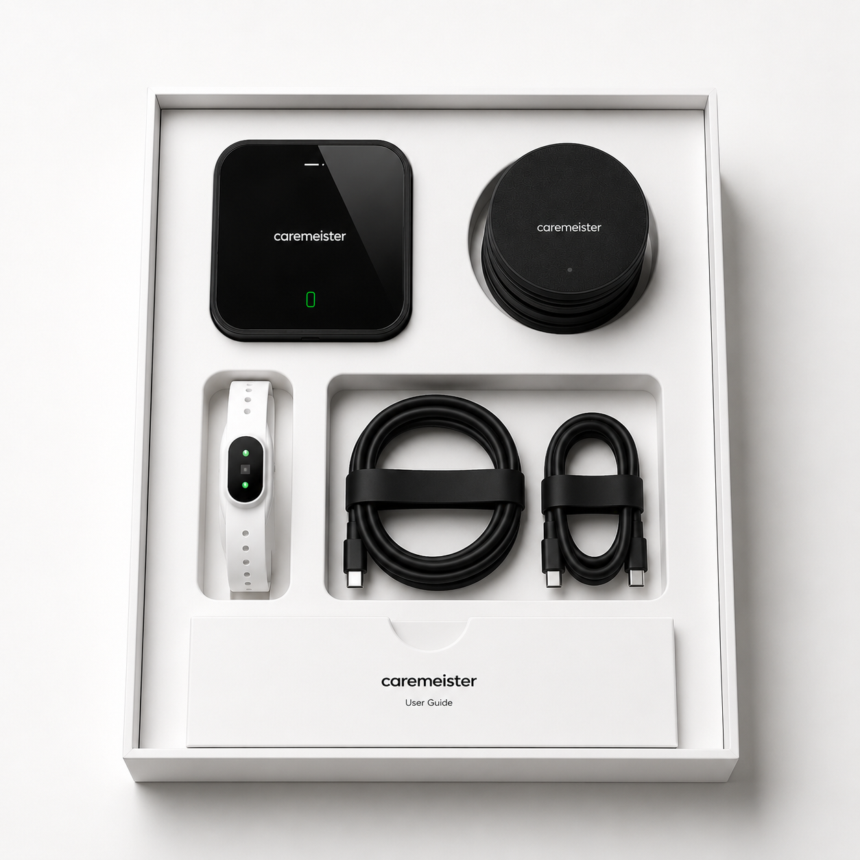 Caremeister doos met Earl One, hartslagband, oplaaddock, USB-C kabels en snelstart-gids